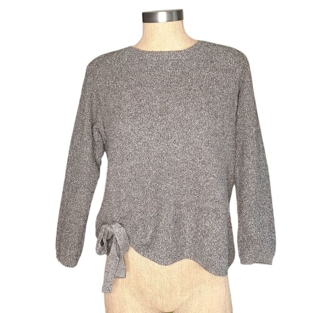 T Tahari Sweater Womens Size M Heather Gray Textured Side Tie Romantic